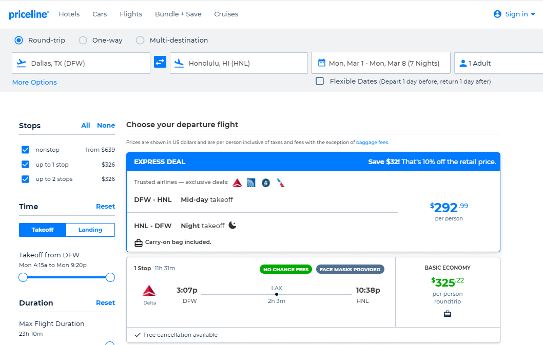 Cheap Flights Dallas to Honolulu, Maui or Kona, Hawaii 326 r/t