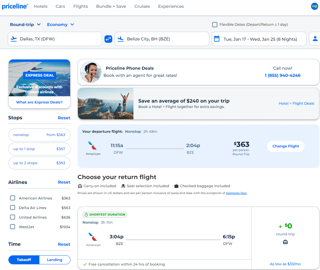 Nonstop Flights Dallas to/from Belize City 363 r/t [January] (limited availability) American