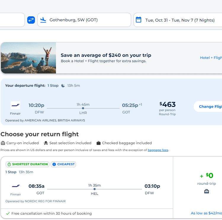 Cheap Flights Dallas to Gothenburg 463 r/t [Mar, OctDec] (No