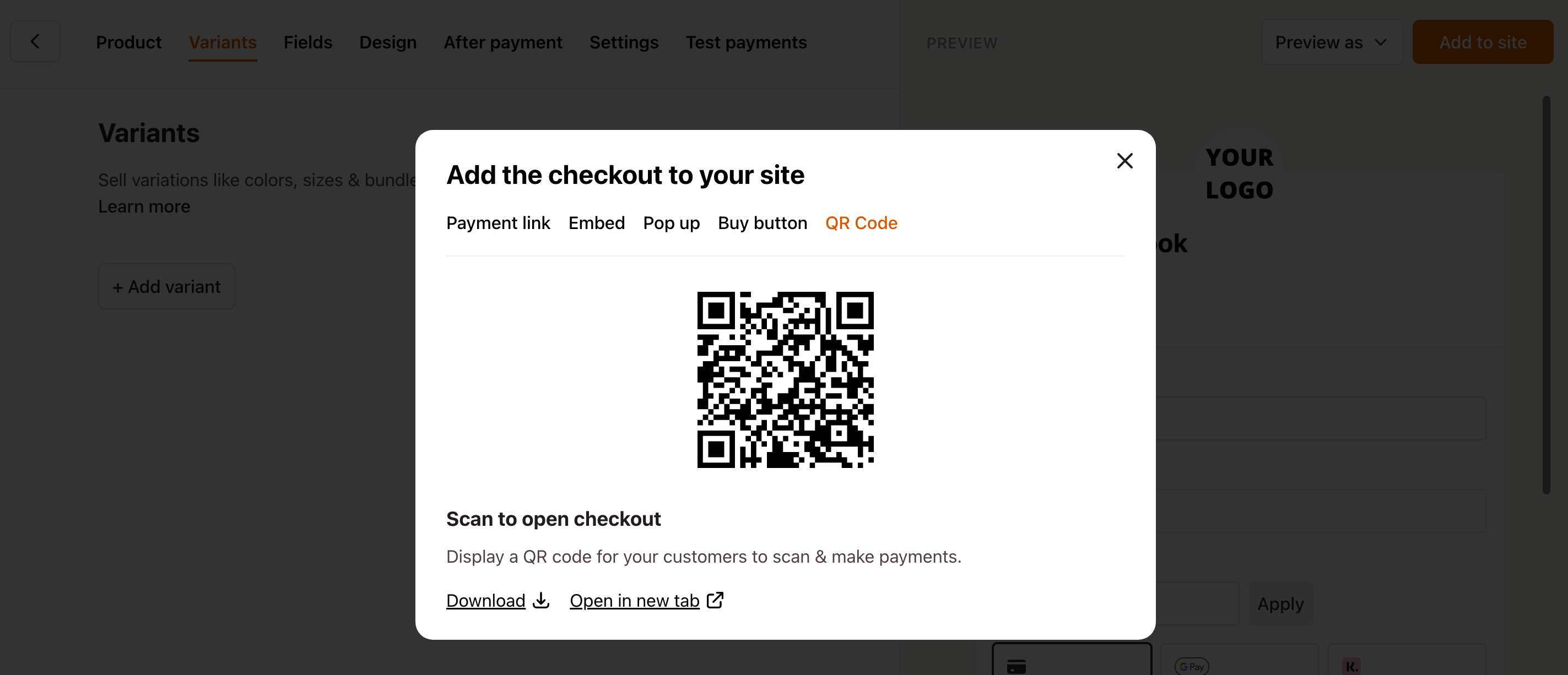 Accept QR code payments Checkout Page