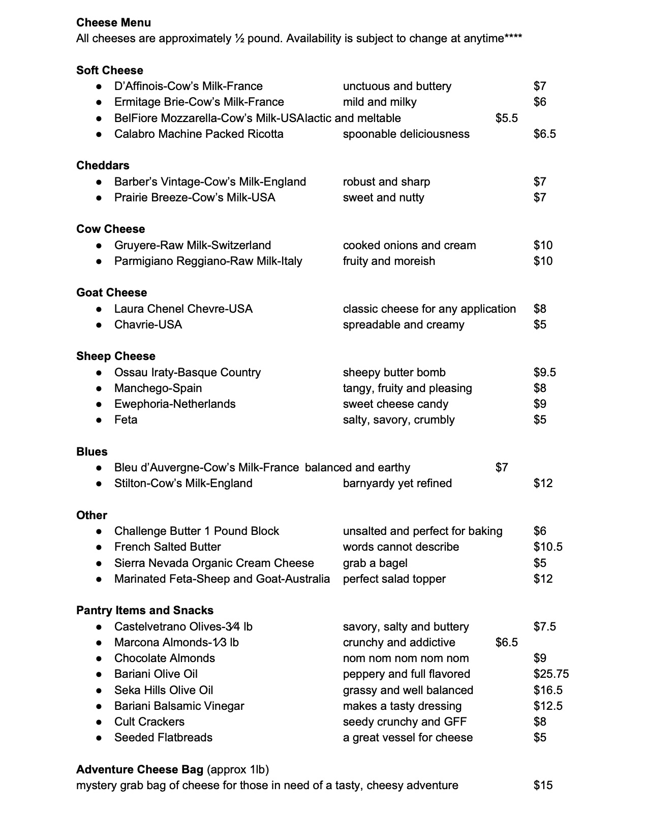Cheese Menu for ReOpen « The Cheese Board Collective