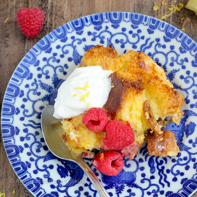 Lemon Raspberry Bread Pudding {Lemon Brandy Sauce}