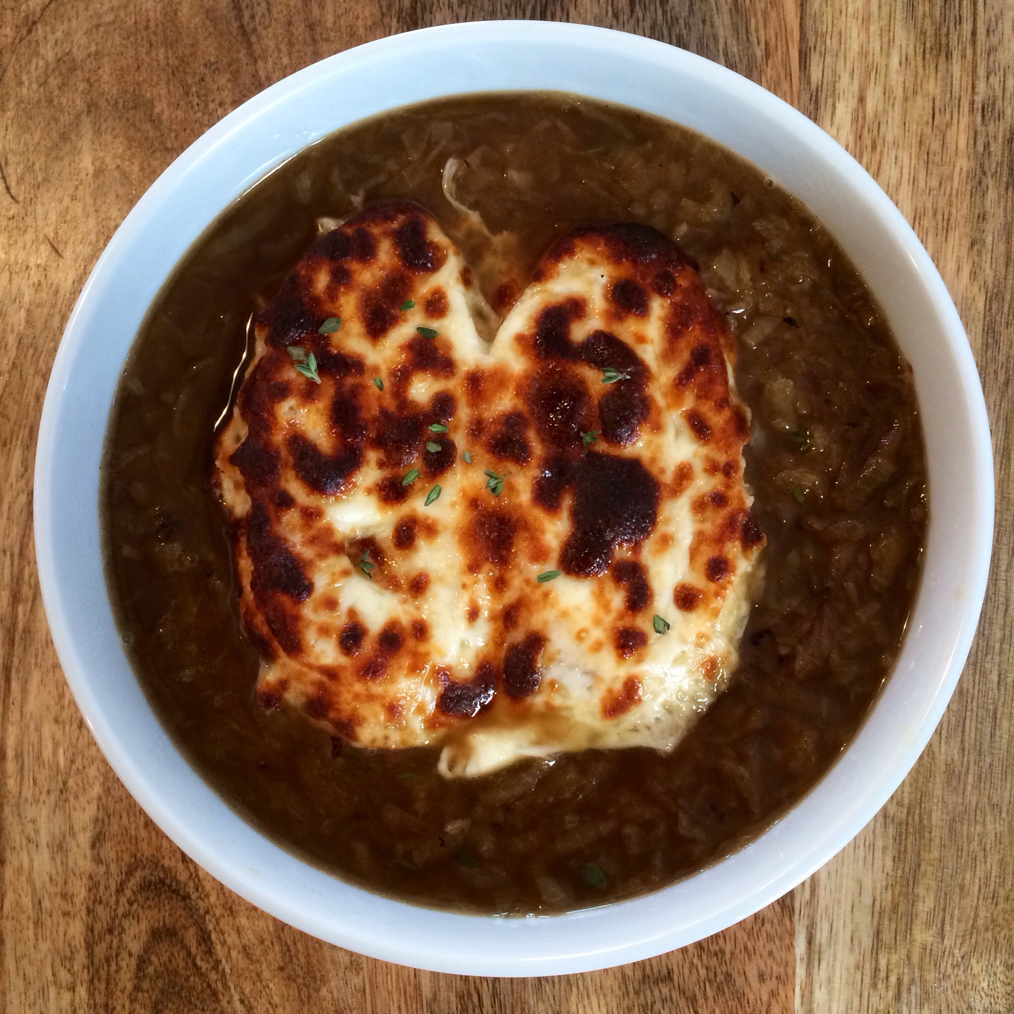 Recipe French Onion Soup with Calvados, Thyme, and Burnt Provolone