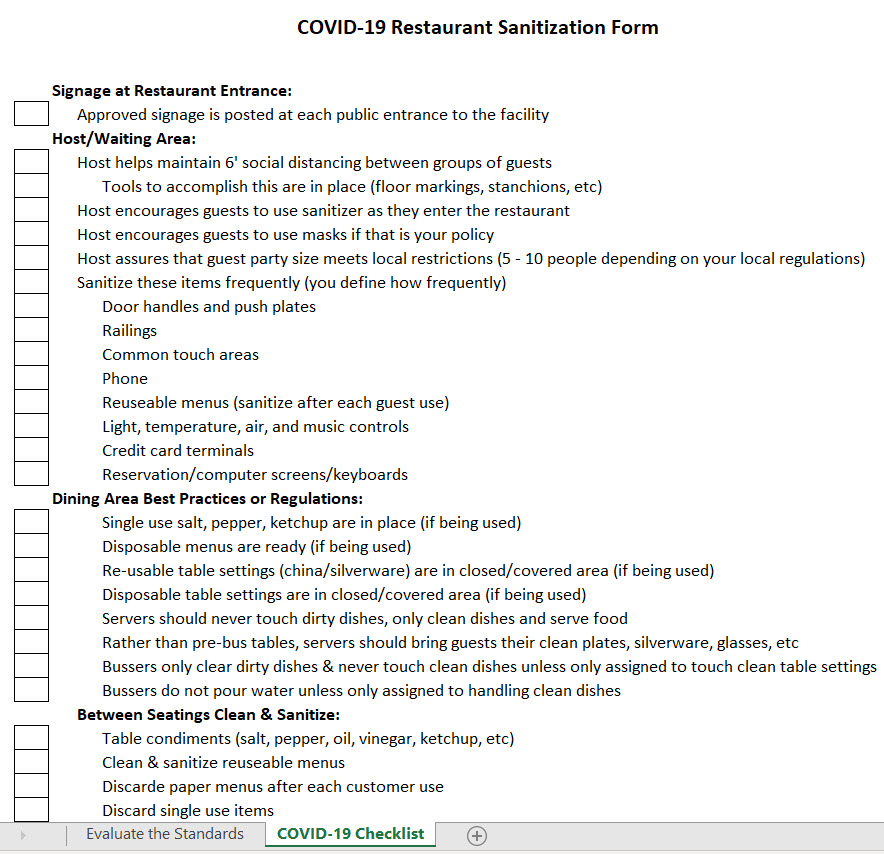Restaurant COVID 19 Sanitation Checklist Chefs Resources