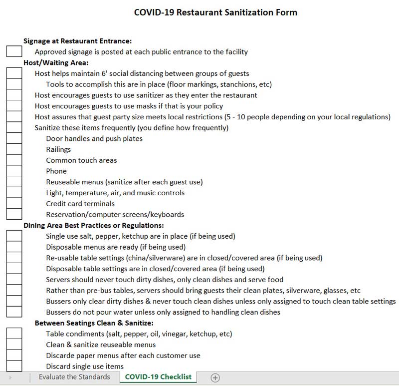 Restaurant COVID 19 Sanitation Checklist Chefs Resources