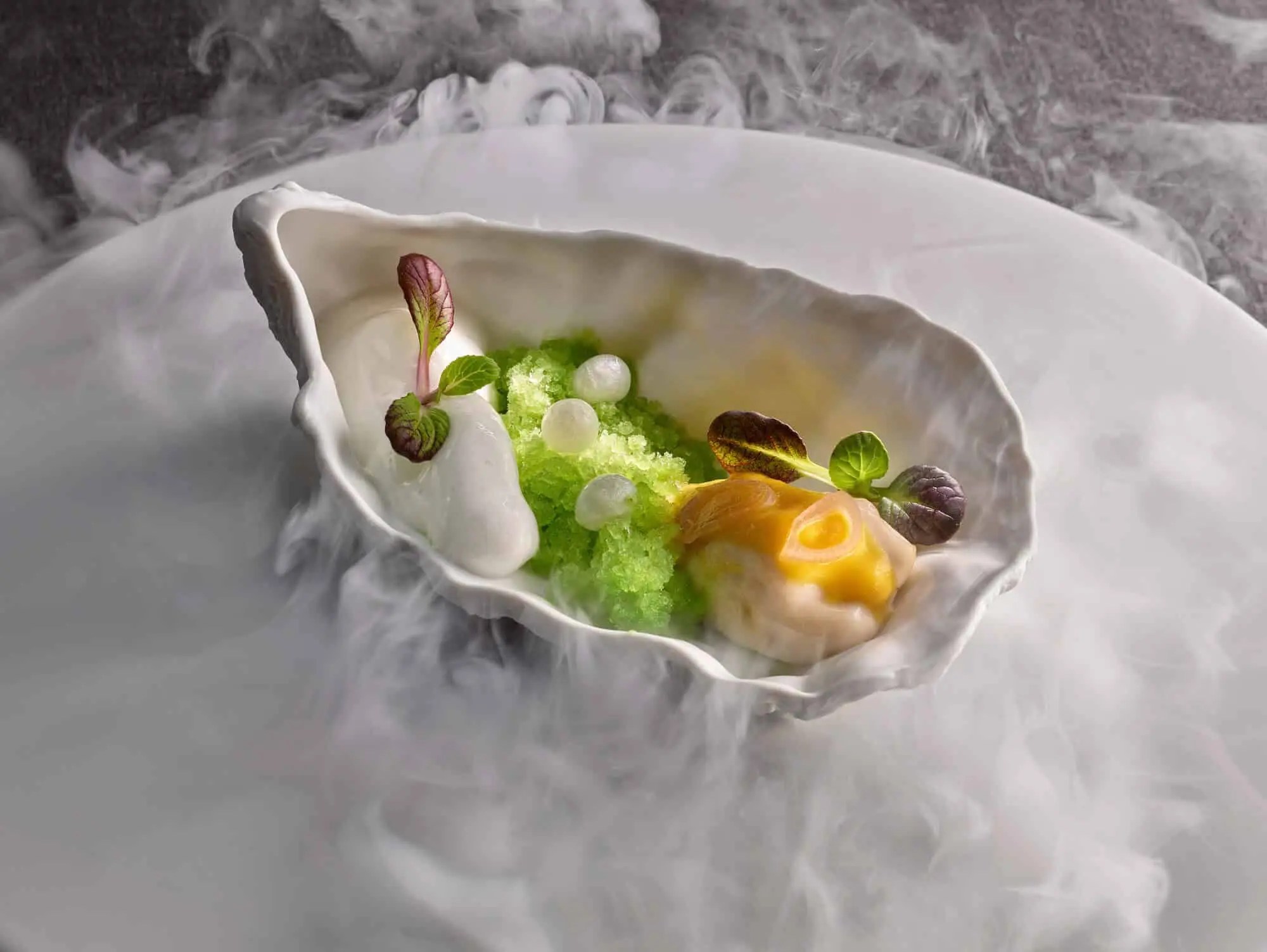 Warm Pickled Oyster with Iced Cucumber, K5 Txakoli Wine and Spicy Apple