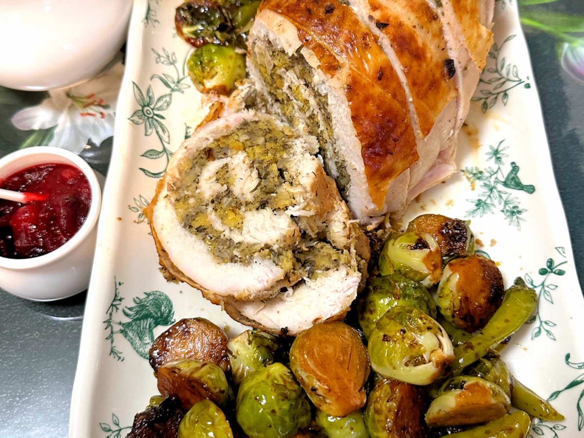 Turkey Breast Roulade with Mushrooms and Cornbread Stuffing Cooking