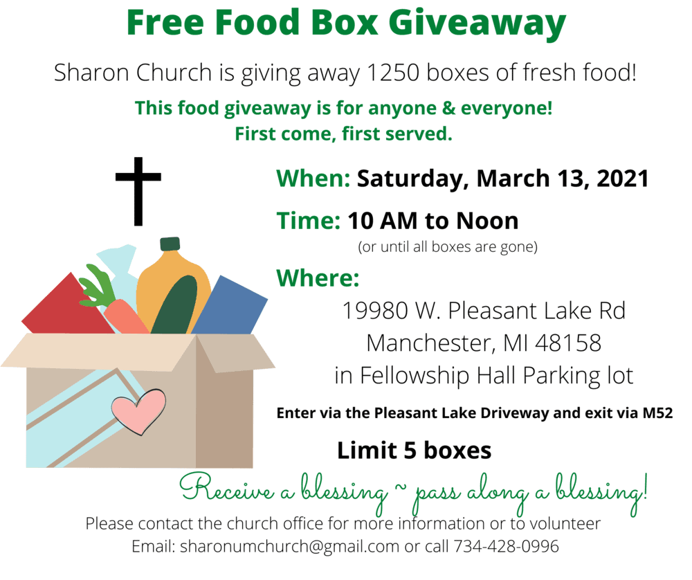 March 13 Free Food Box Giveaway at Sharon Church Chelsea Update