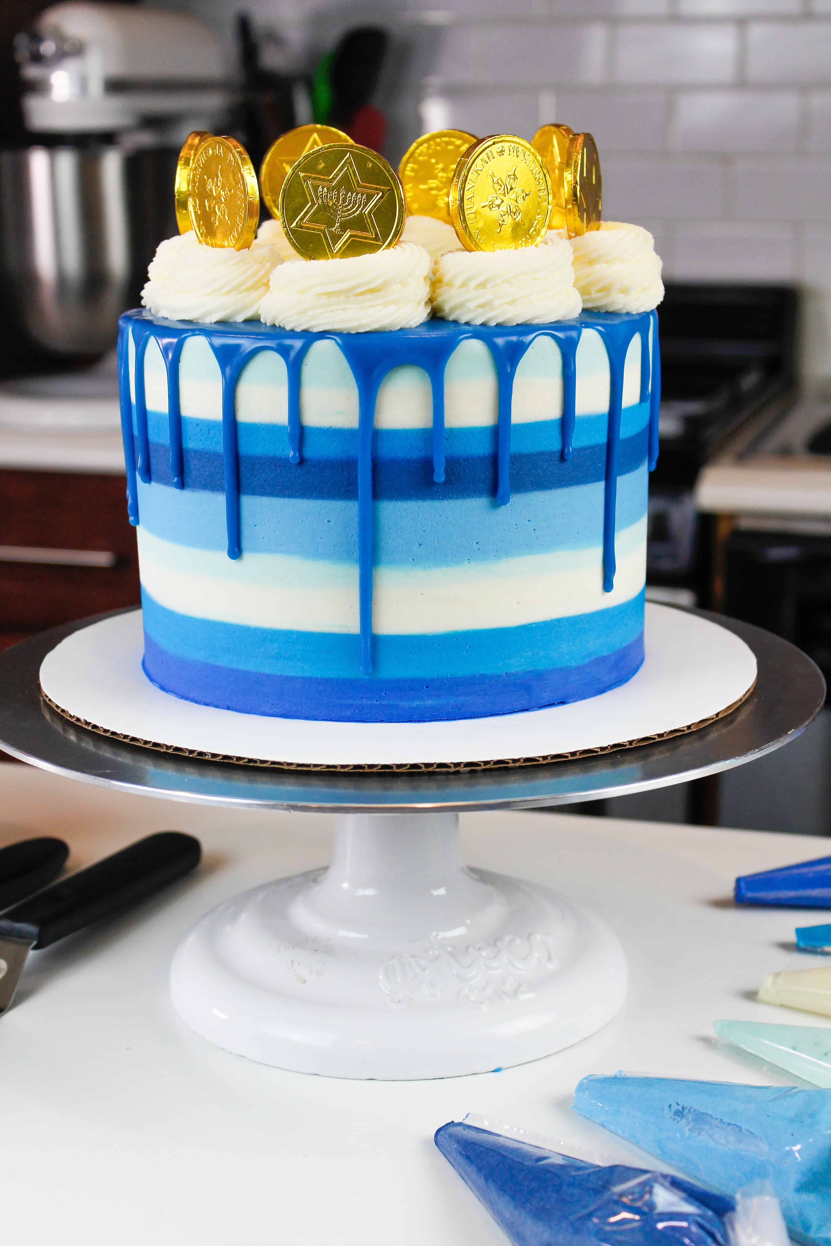 Hanukkah Cake Blue SurpriseInside Drip Cake Decorated with Gelt