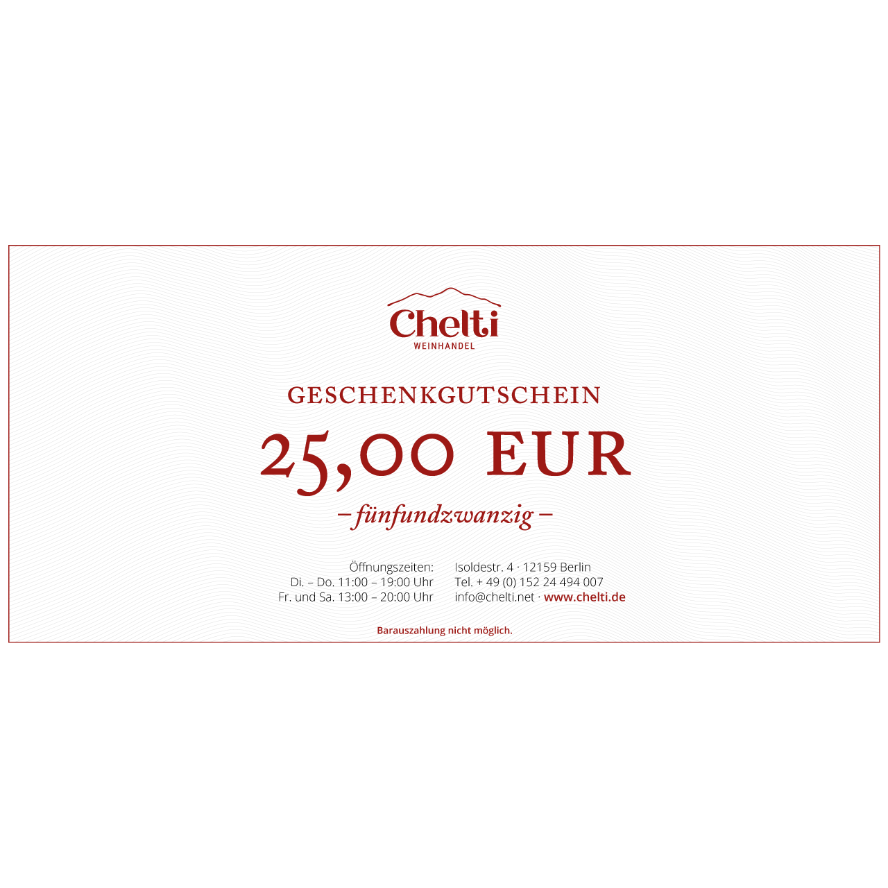 Geschenkgutschein EUR 25,00 Chelti.de