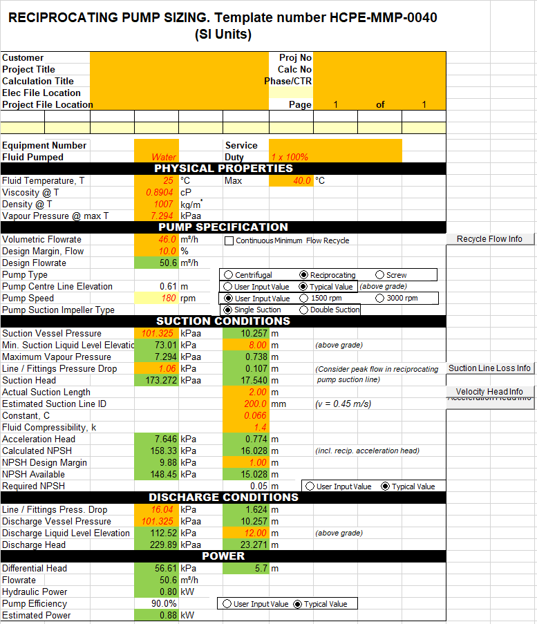 Reciprocating Pump Calculation Excel Template