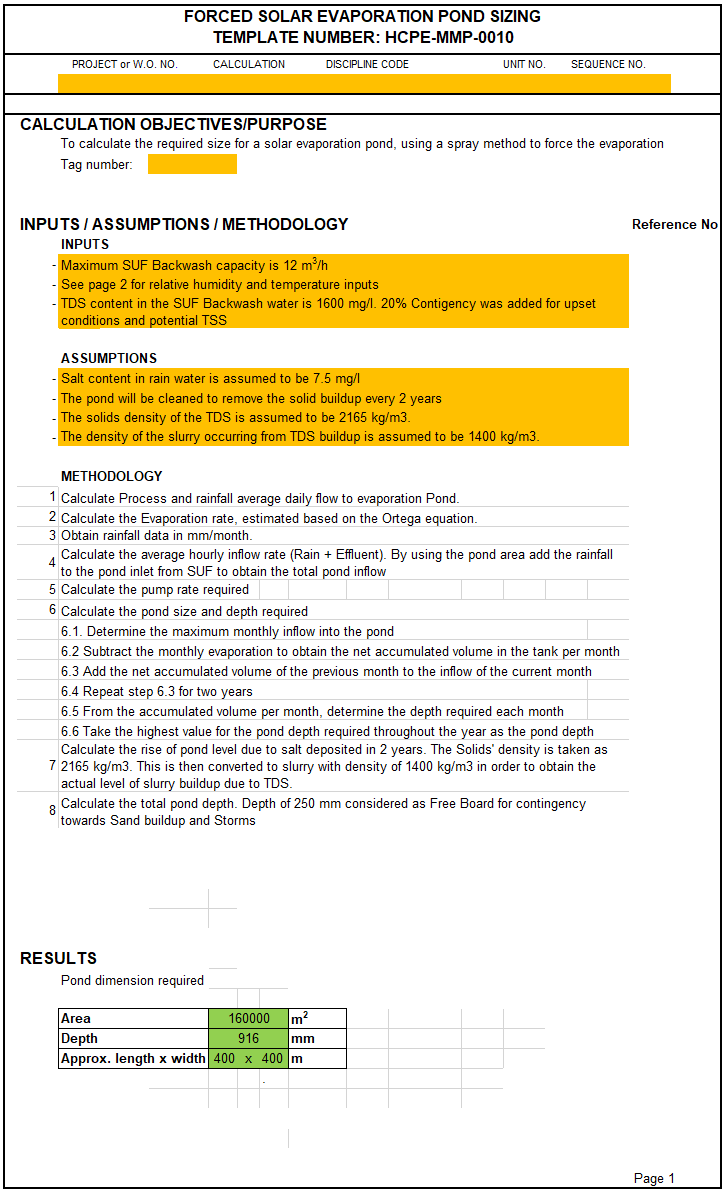 Forced Solar Evaporation Pond Excel Calculation Template