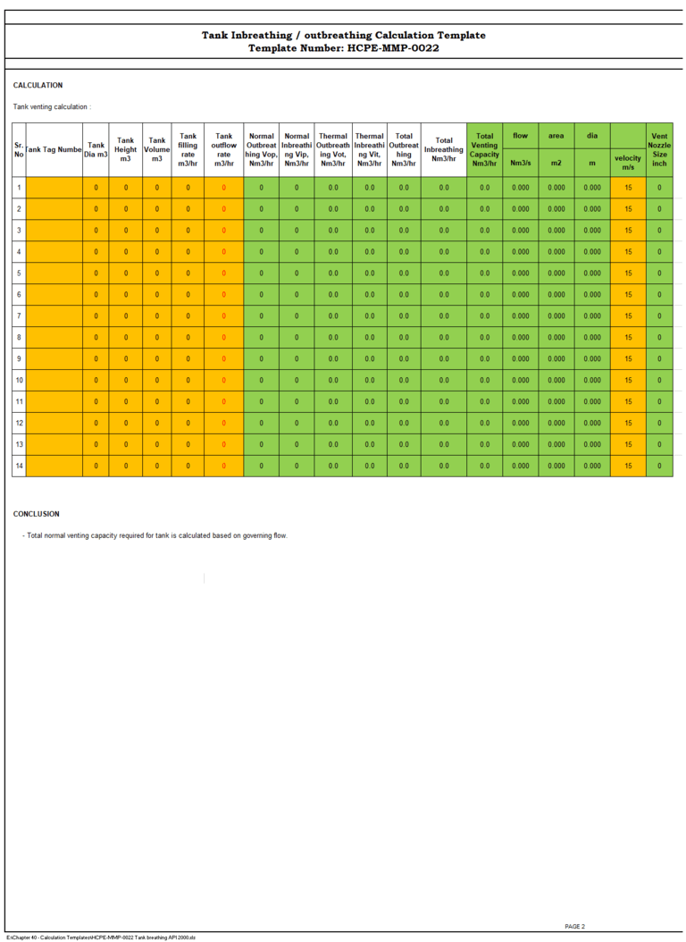 API 2000 Tank Breathing Calculation Excel Template