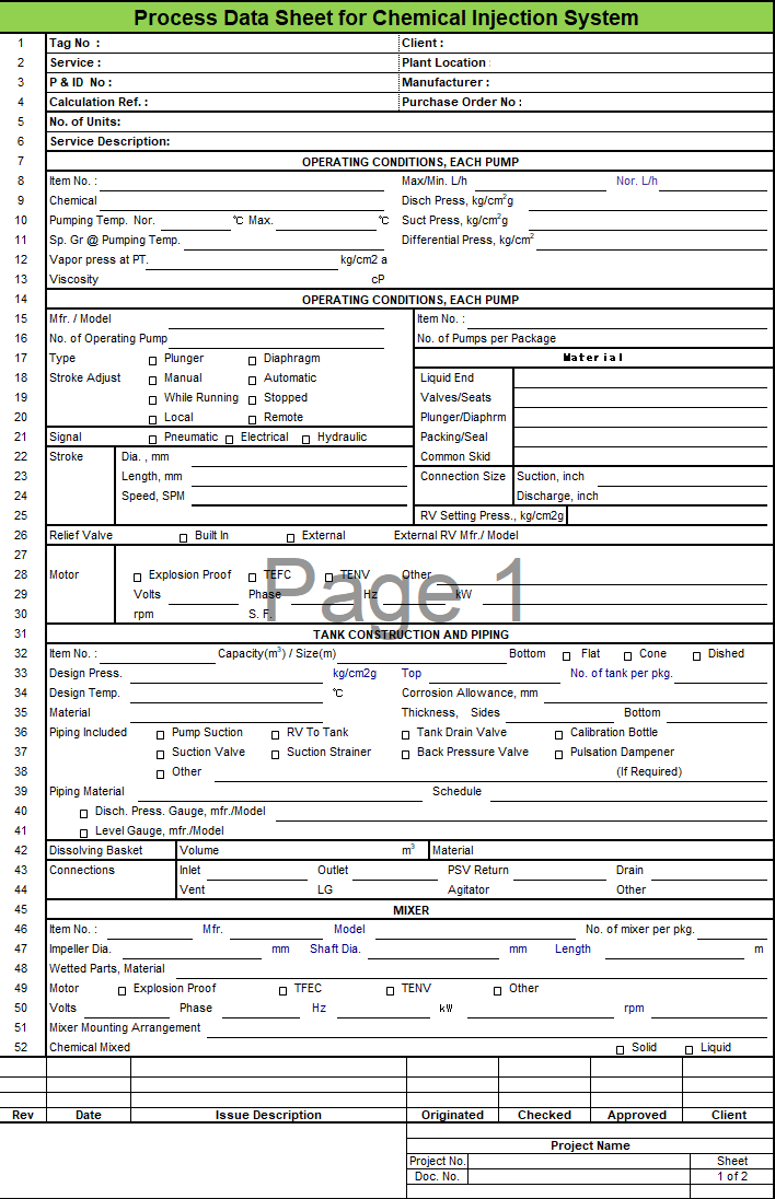 Blank Process Datasheet for Chemical Injection System Download