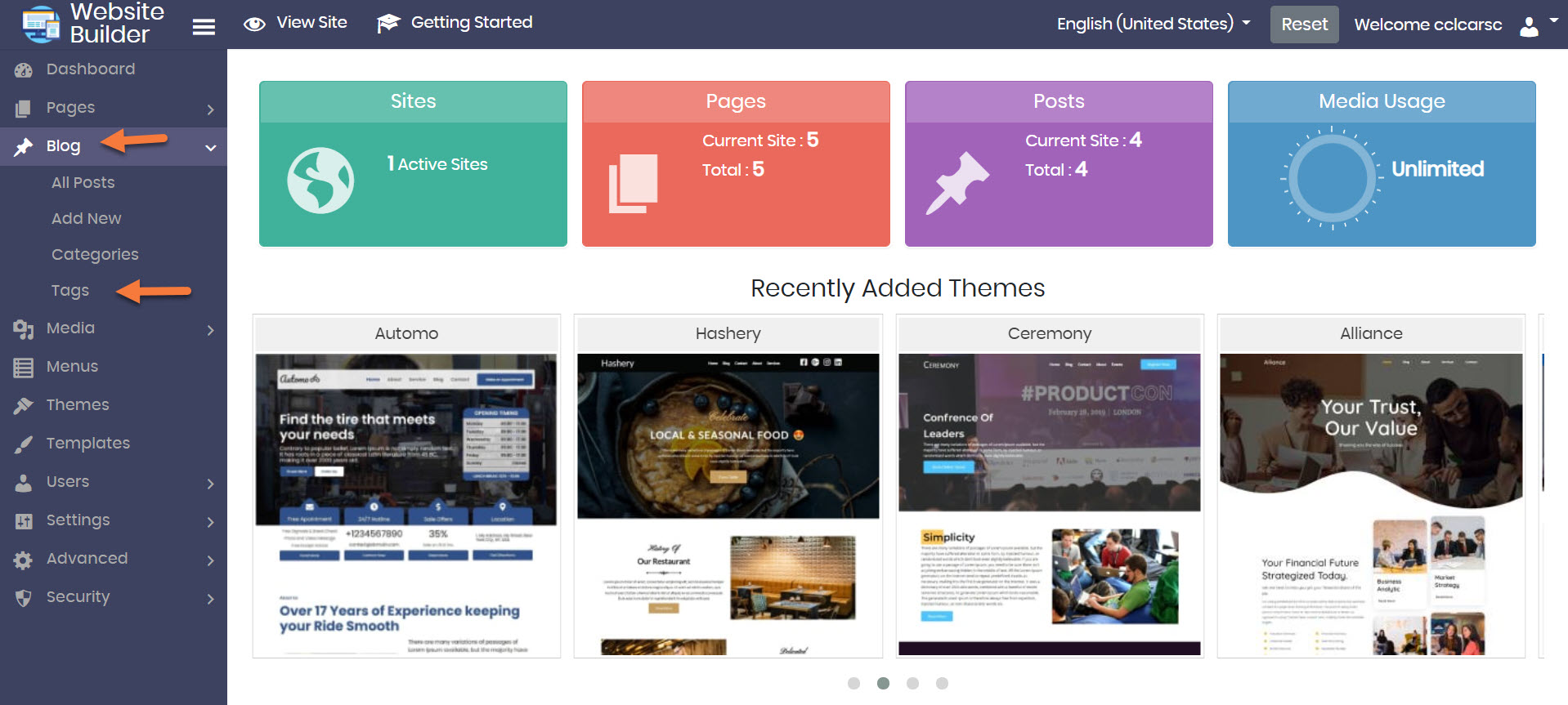 Managing Tags in the site Builder