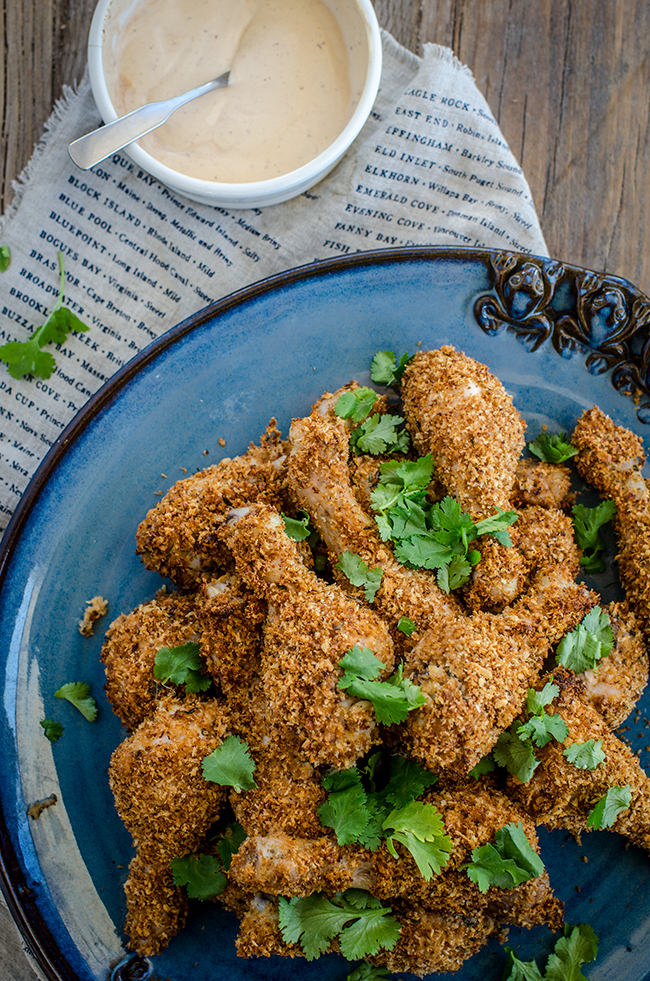 Baked Panko Buttermilk Drumsticks with Hot Sauce Mayo Chew Town
