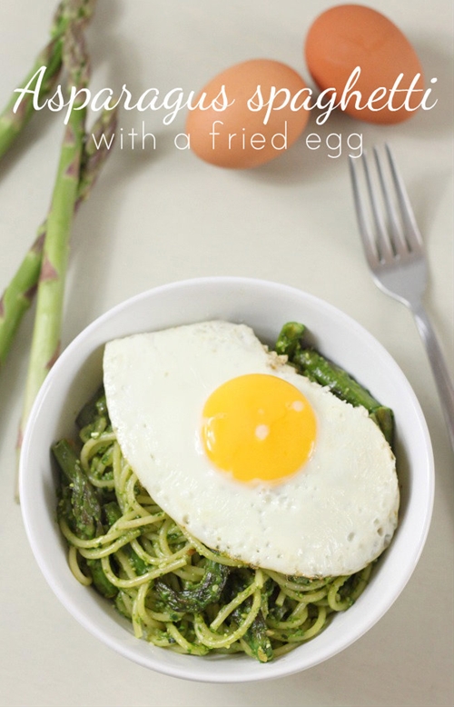 Asparagus spaghetti with a fried egg recipe Chefthisup