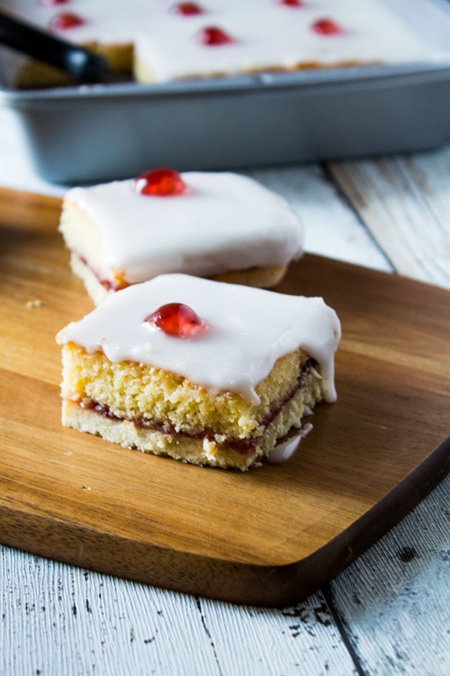Iced Bakewell Tart Tray Bake recipe Chefthisup