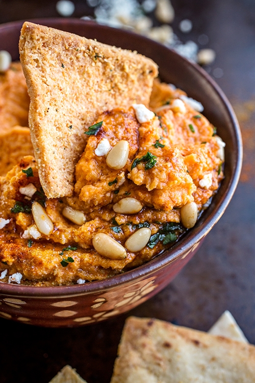 Smoky Roasted Red Pepper Hummus Dip with Feta Cheese and Pin... recipe