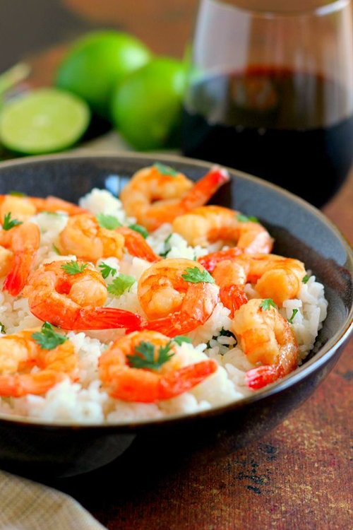 Honey Garlic Shrimp and Cilantro Lime Rice Bowl recipe Chefthisup