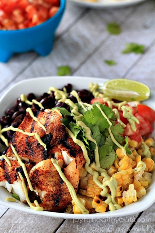 Grilled Tilapia Bowls with Chipotle Avocado Crema recipe Chefthisup
