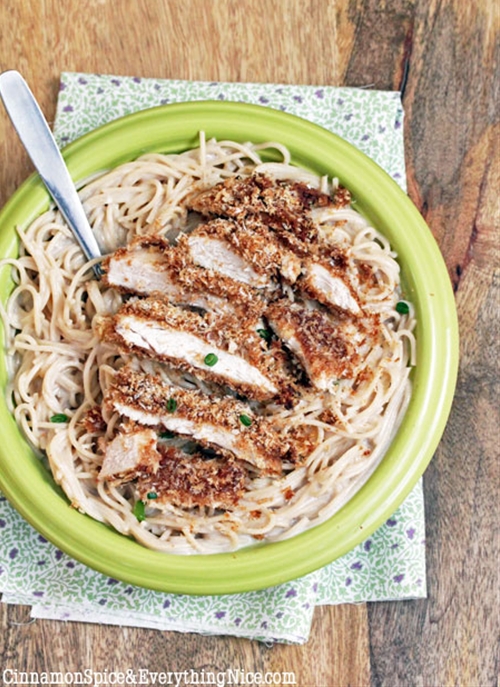 Oven Fried Peanut Butter Panko Chicken with Coconut Noodles recipe