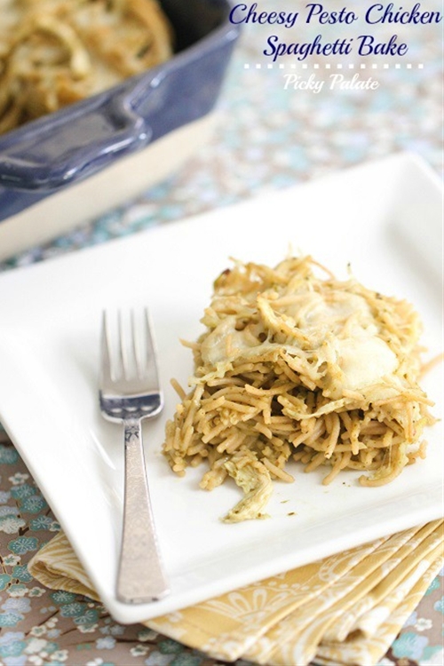 Cheesy Pesto Chicken Spaghetti Bake recipe Chefthisup