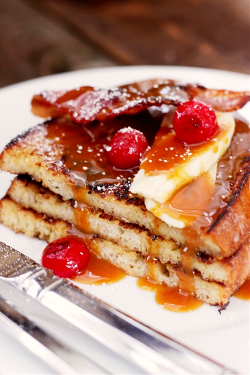 Bananas Foster French Toast with Blistered Cherries & Bacon recipe