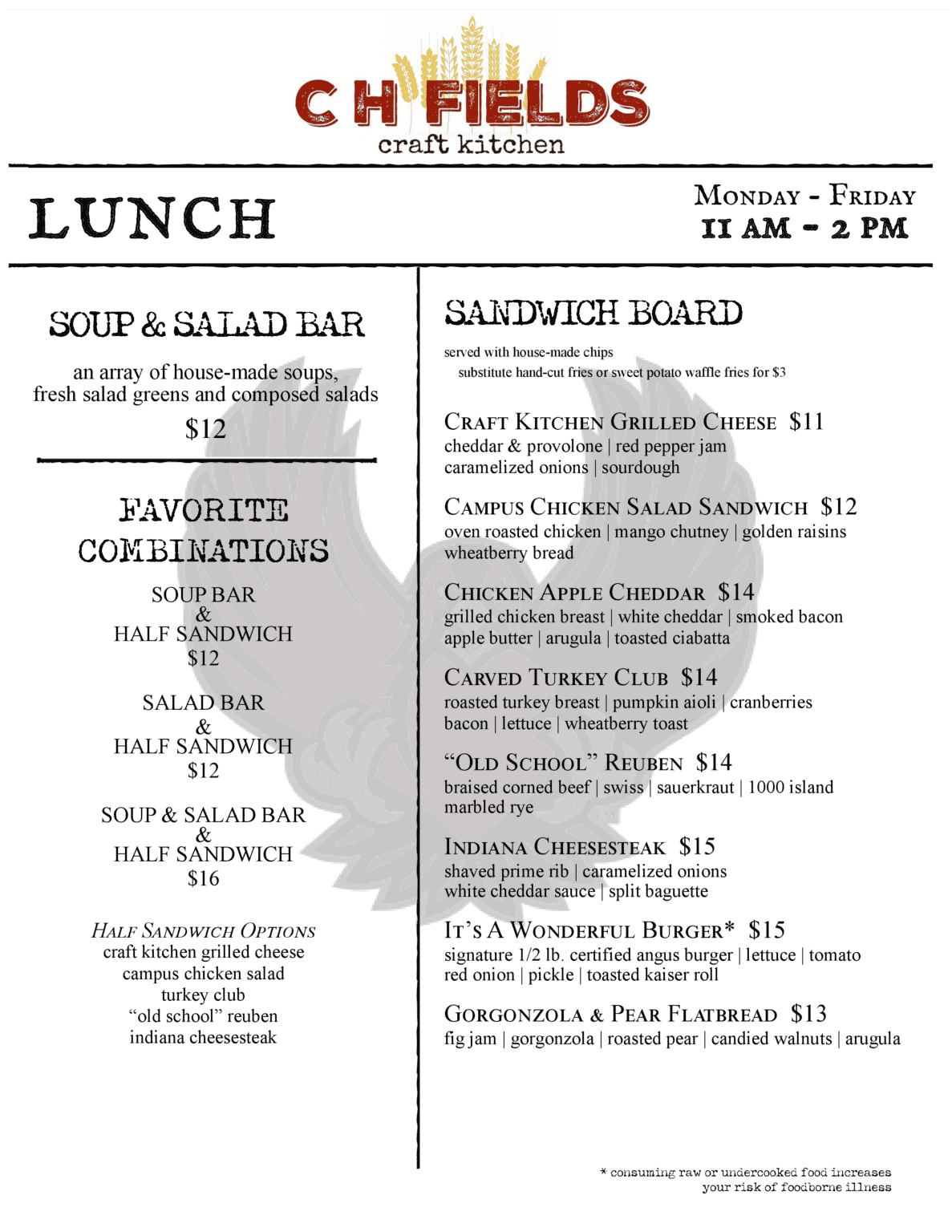 Menus CH Fields Craft Kitchen