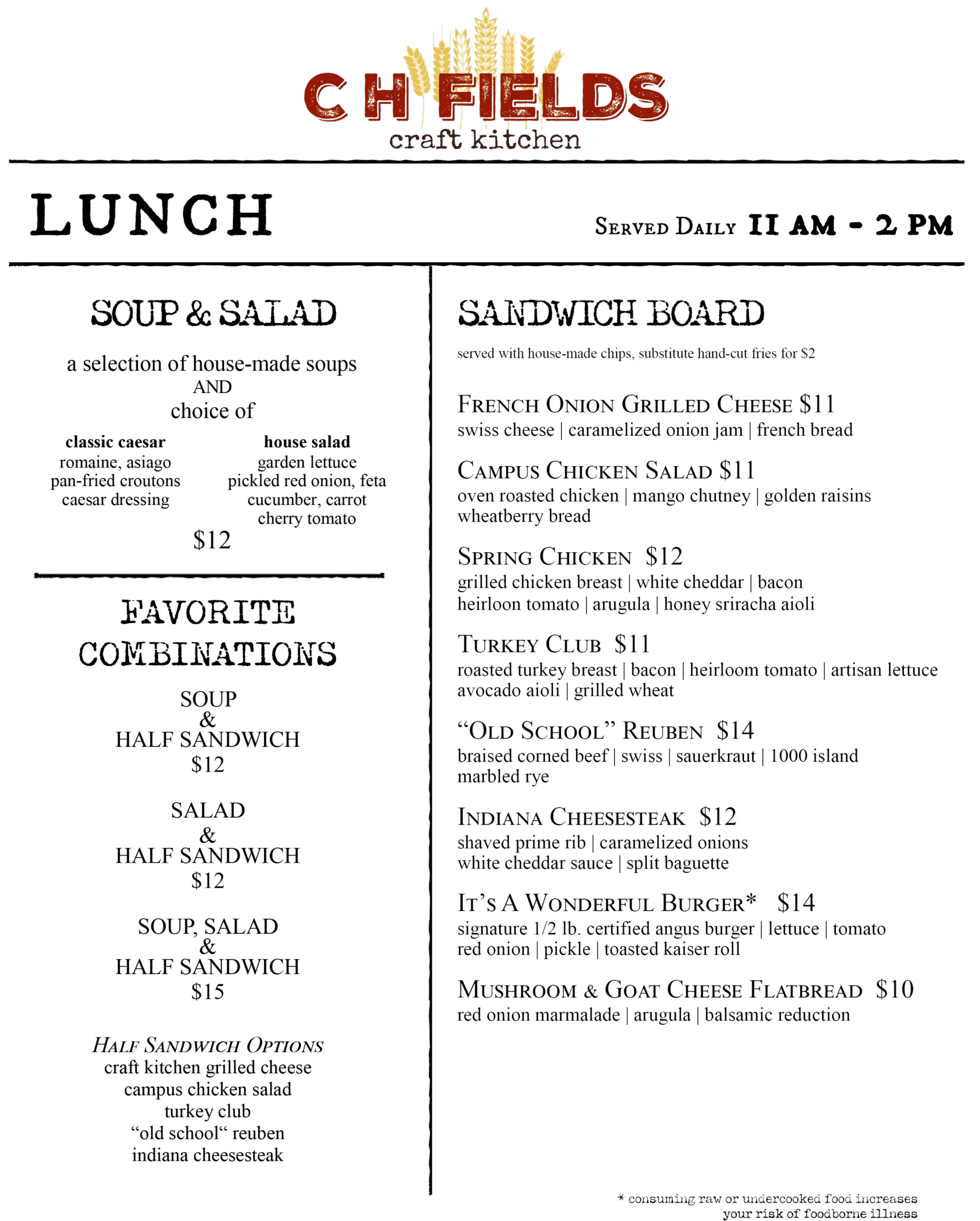 Menus CH Fields Craft Kitchen