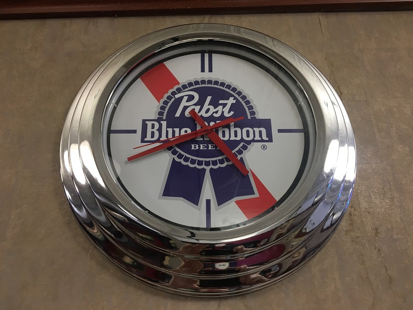 Pabst Blue Ribbon Neon Stainless Steel Clock • Chicago Bar Store Bar