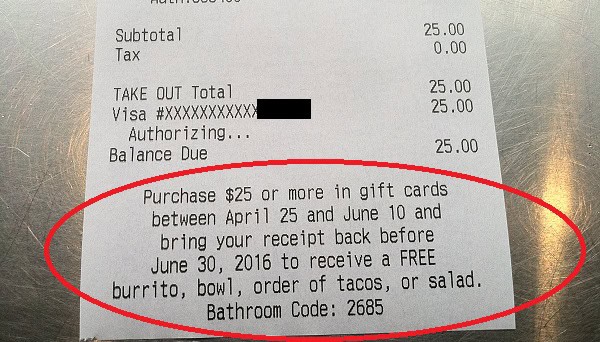 Purchase Chipotle gift card, get free burrito