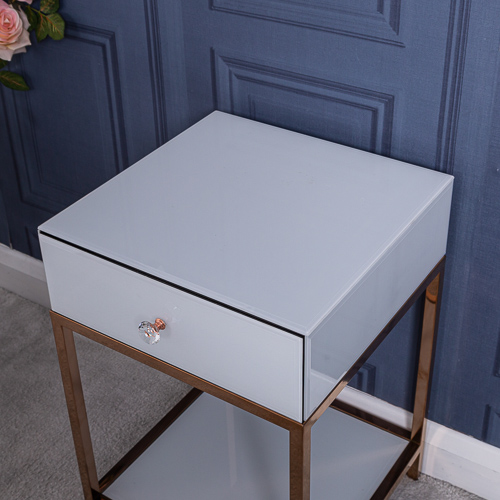 White Glass and Rose Gold Bedside Table Chic Bedroom Furniture