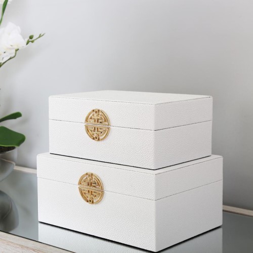 Set Of 2 White & Gold Faux Leather Storage Boxes