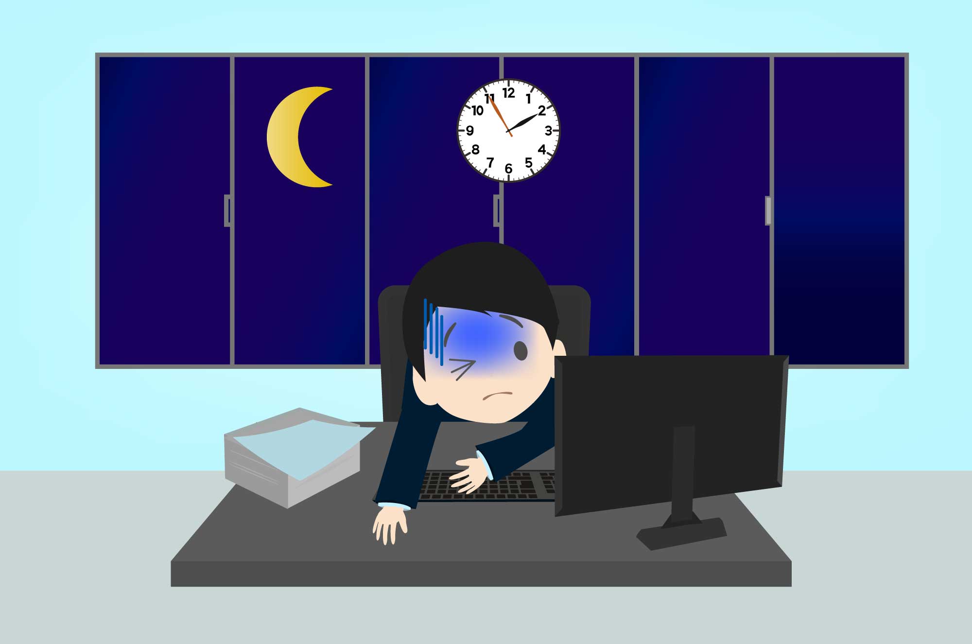 深夜まで残業するビジネスマンのフリーイラスト素材 チコデザ