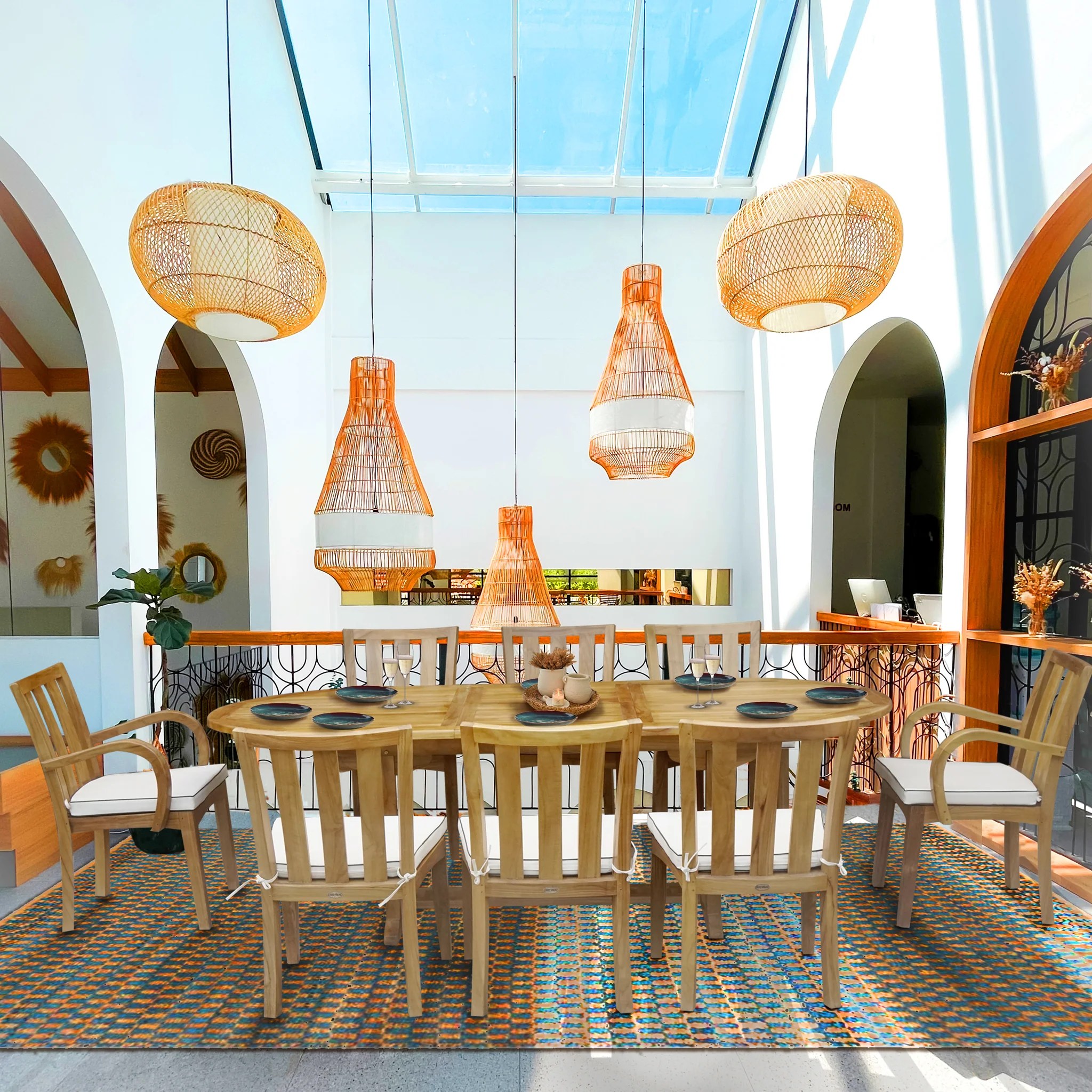 9 Piece Oval Teak Wood Boston Table/Chair Set With Cushions by Chic