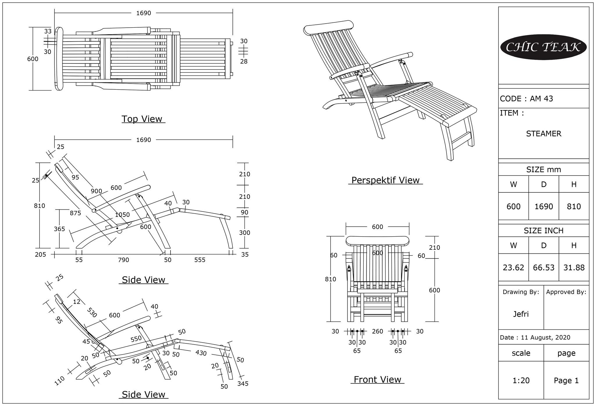 Teak Wood Titanic Outdoor Reclining Steamer Chair by Chic Teak only 570.68