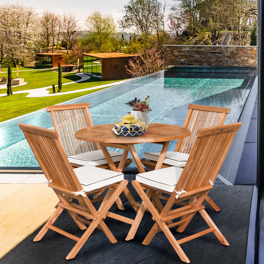 5 Piece Teak Wood California Dining Set with 47" Round Folding Table