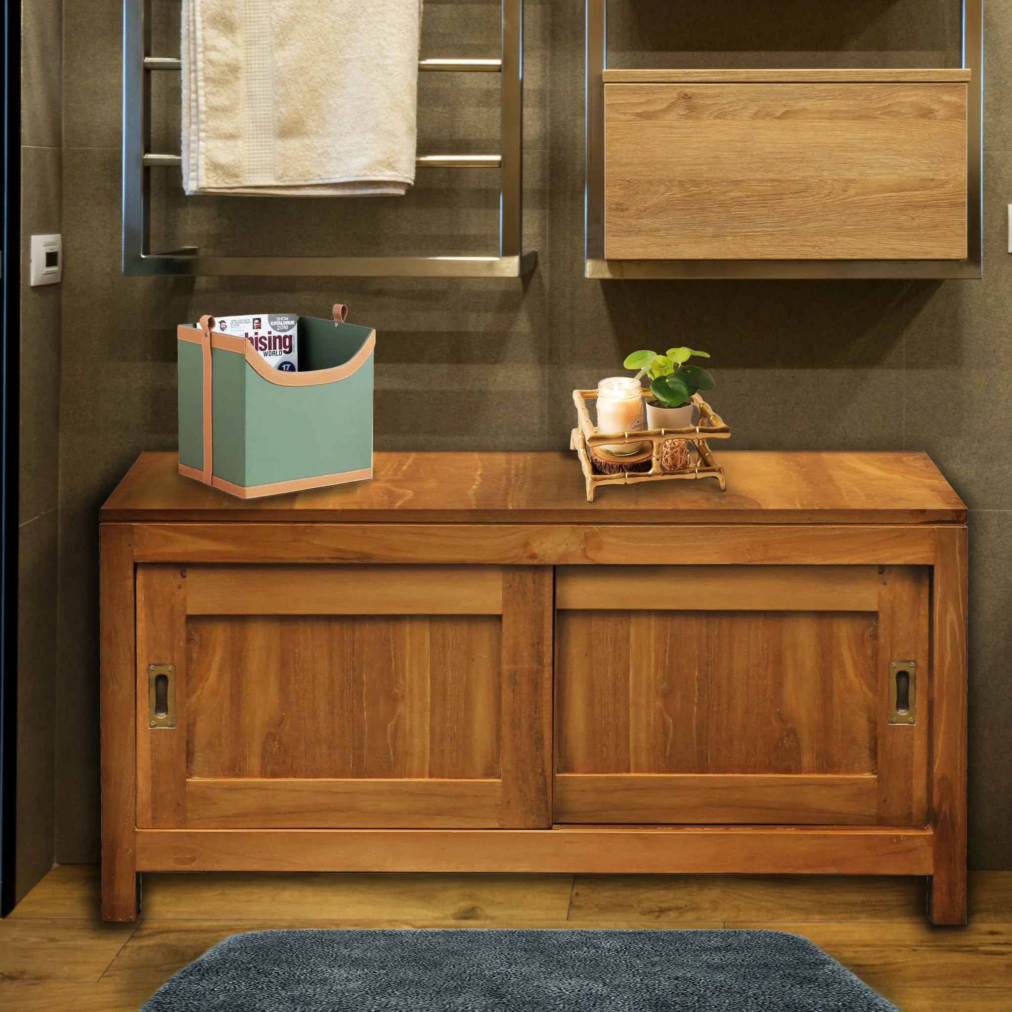 Waxed Teak Wood Sonoma Bathroom Linen with 2 Sliding Doors by