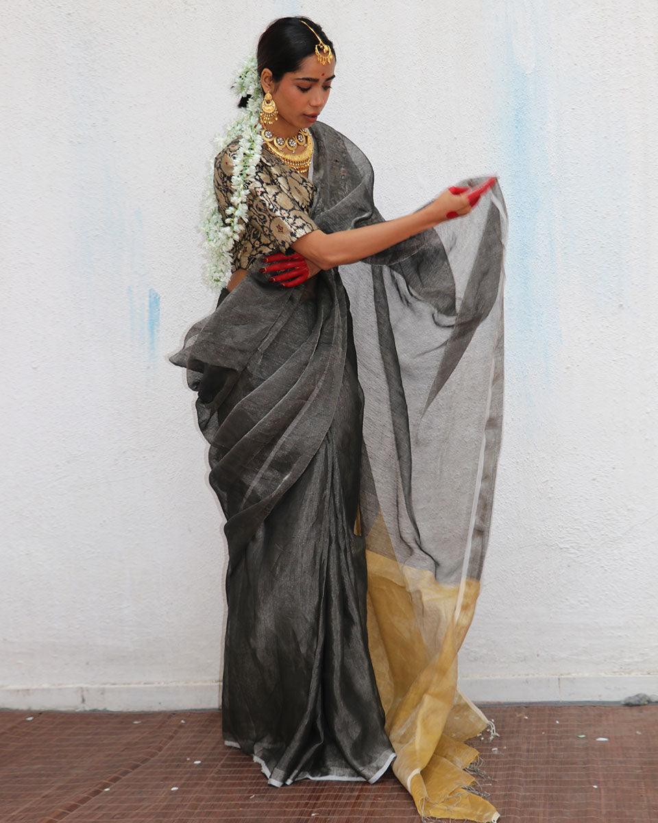 Buy Charulata Handwoven Linen Zari Saree Chidiyaa Chidiyaa
