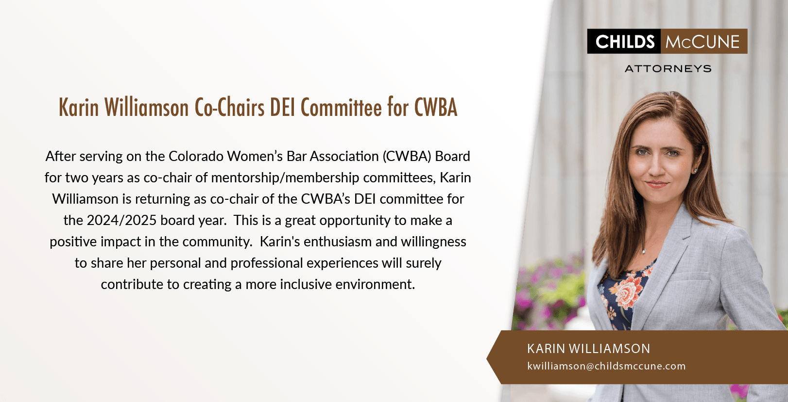 Karin Williamson CoChairs DEI Committee for CWBA Childs McCune Attorneys, LLC