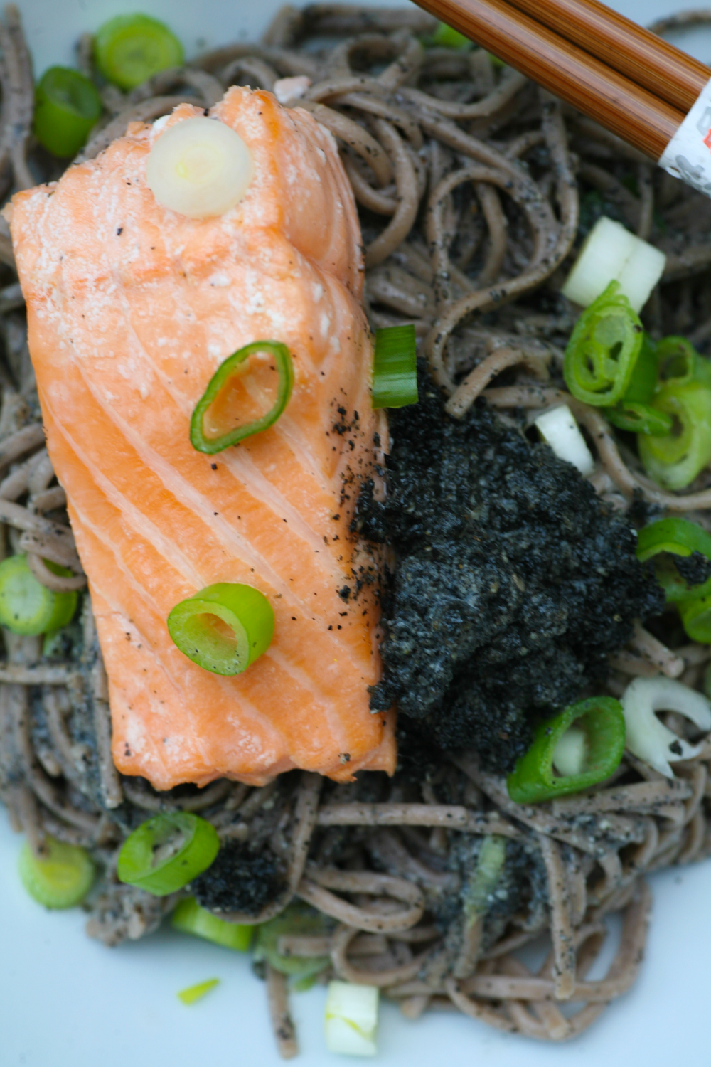 Black Sesame Paste Soba Noodles with Salmon and Spring Onions