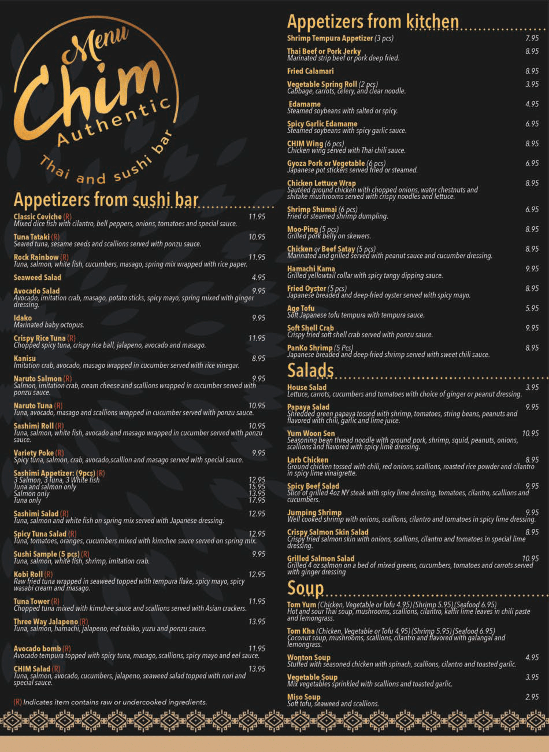 Menu Chim Authentic Thai and Sushi Bar