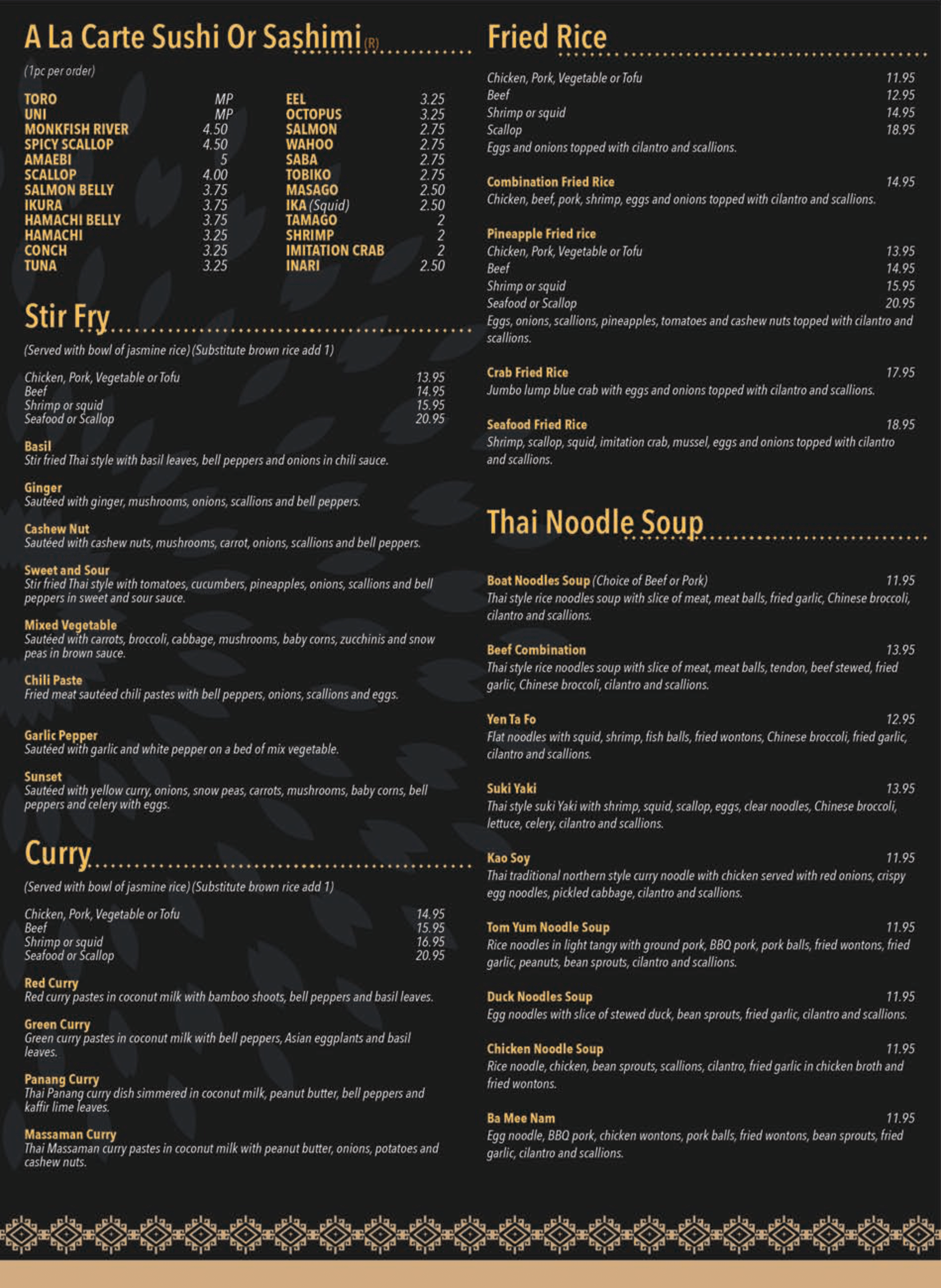 Menu Chim Authentic Thai and Sushi Bar