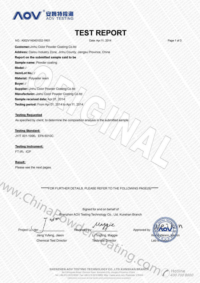 Material Testing Report Polyester Powder Coating
