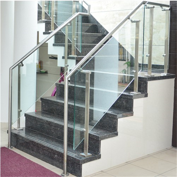 Tempered glass stair railing with stainless steel solid flat baluster