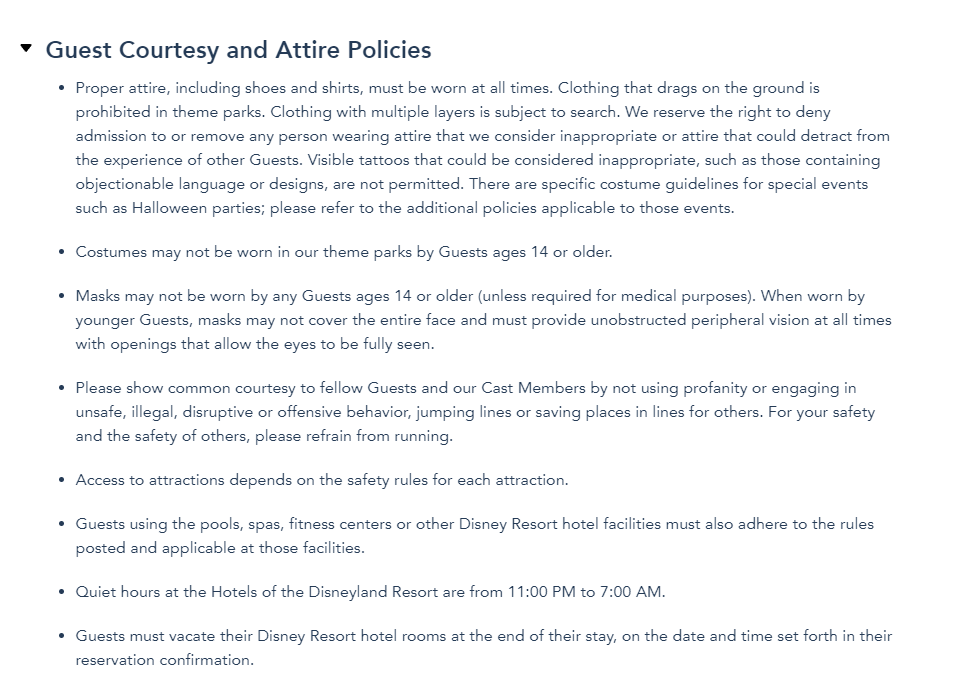 New Guest Courtesy and Attire Policies added to the Disneyland site Chip and Company