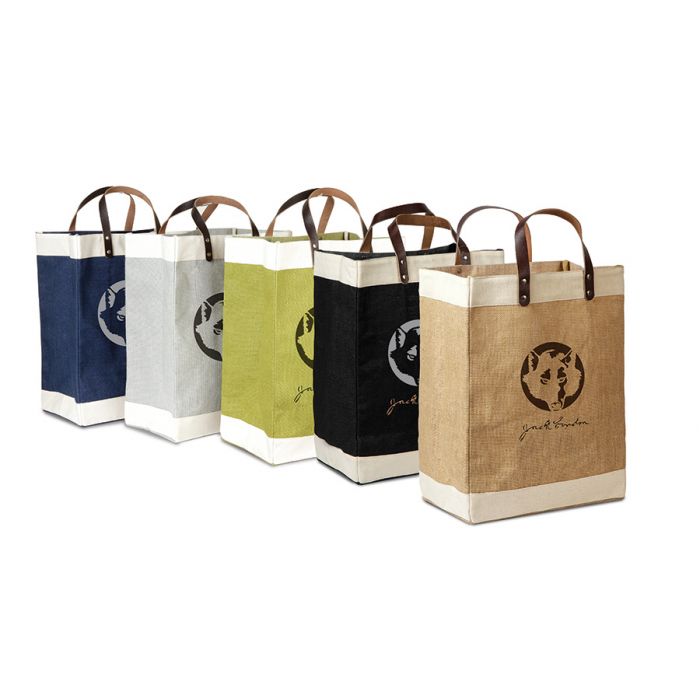 Laminated Jute Market Tote w/Cotton Accents And Leather Handles