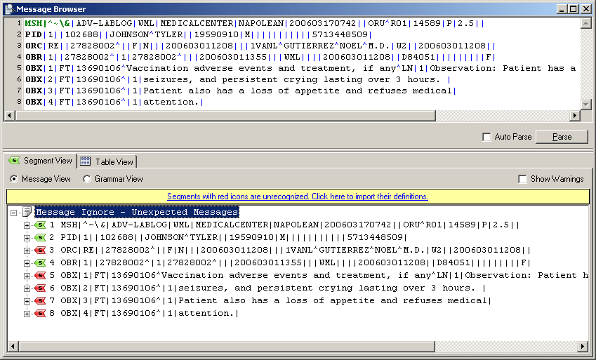 Using the Message Definition Matching Order Window