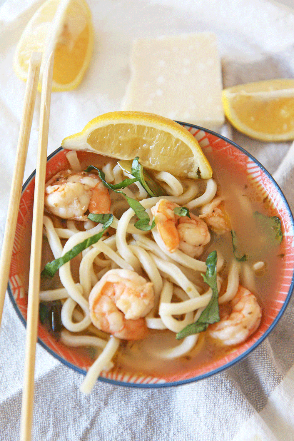 Shrimp Scampi Udon Noodle Soup Chop Happy